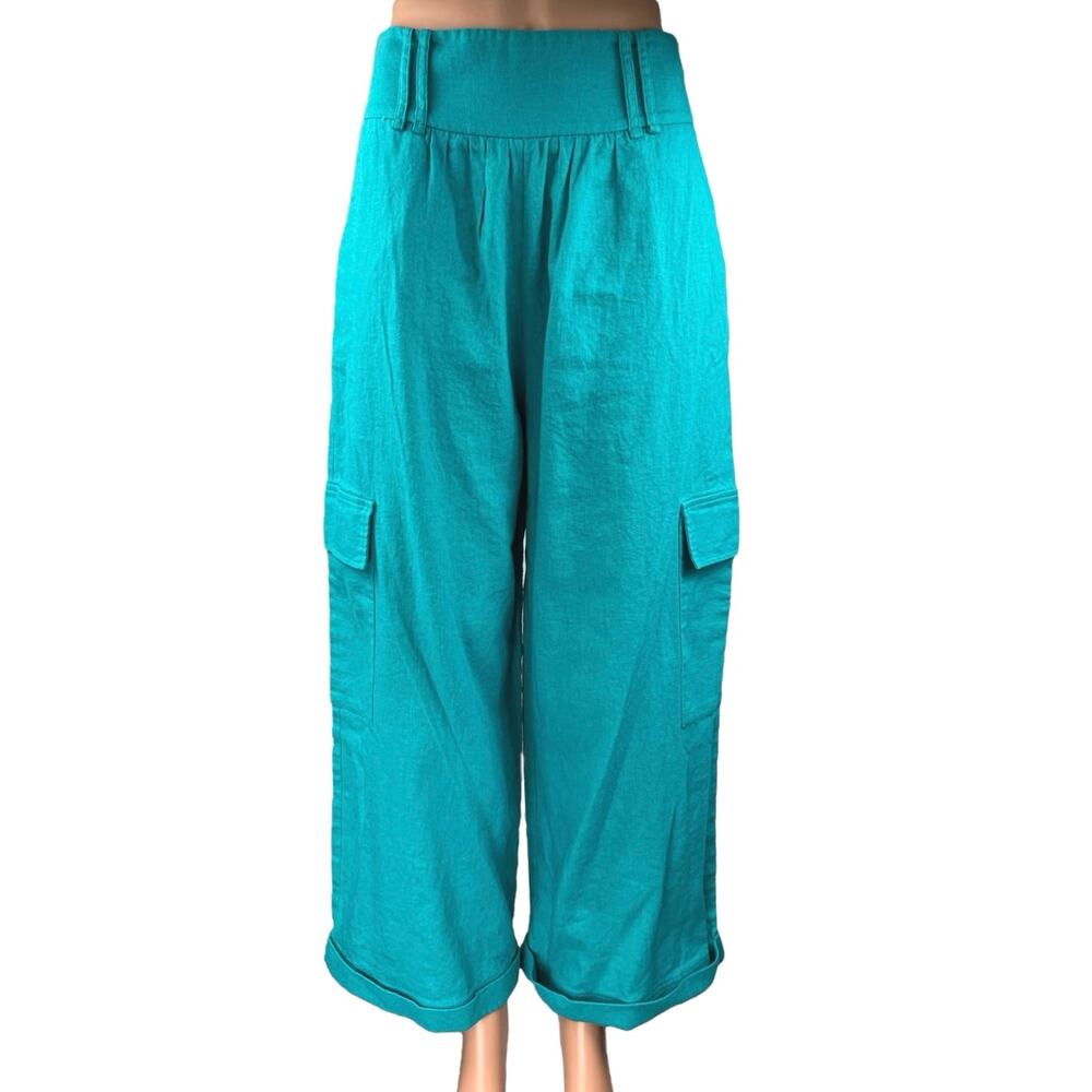 Nativozza La Rouge Blue Linen High Waisted Baggy Loose Trouser Cargo Pants 38